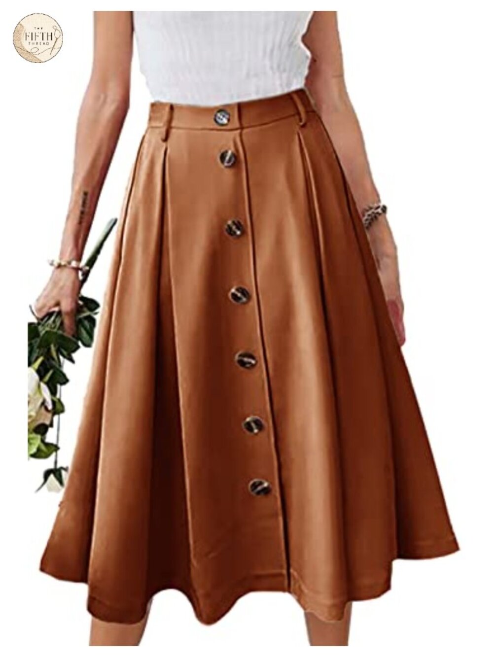 Pleated A-Line Midi Skirt Elastic Waist Button Front Flared Long Skirt Pockets